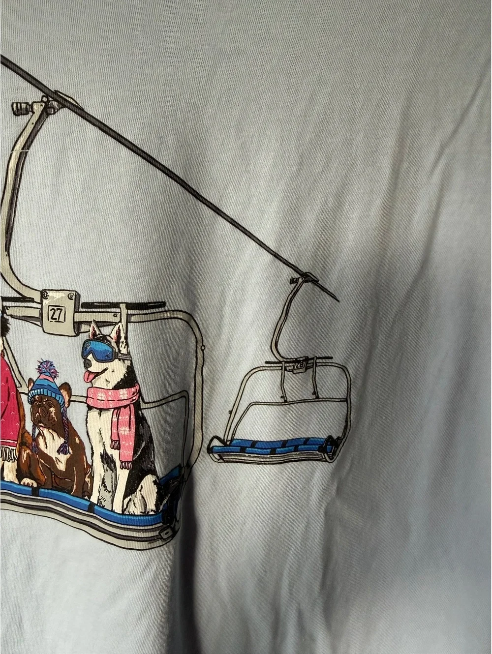 J.Crew Light Blue Long Sleeve Collector Tee with Ski Lift Dogs Graphic, Size M
